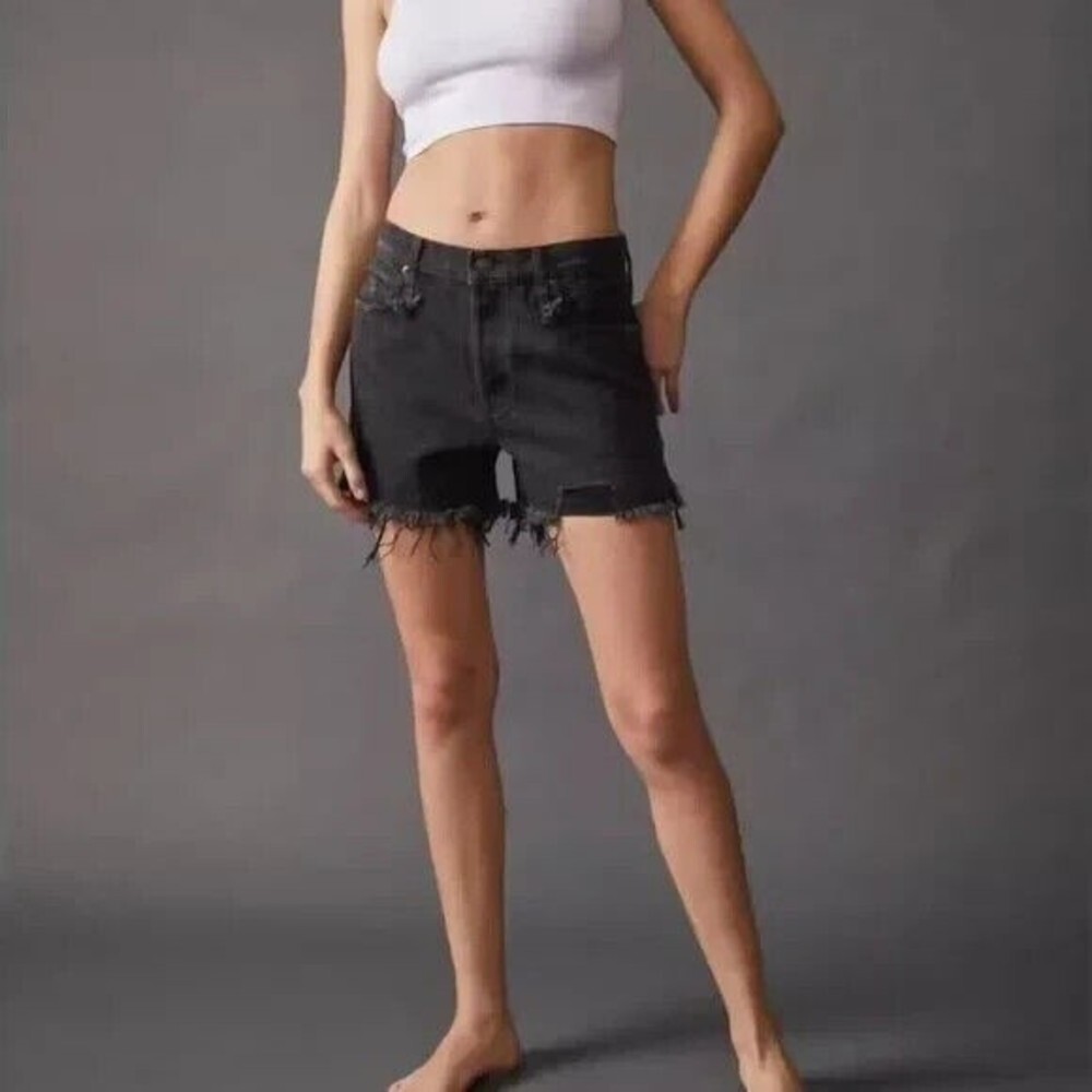 Free People Size 24 Black Button Fly Makai Cut Off Shorts Raw Hem‎ New